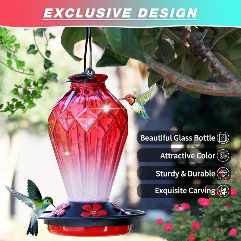 MCHBF Glass Hummingbird Feeder for Outdoors Hanging, 25Oz Humming Bird Nectar Feeder, Perch, 5 Flower Feeding Ports, Leak Proof Base, Hook for Outside Garden Backyard, Gift for Women Mom, Diamond Red - Image 2